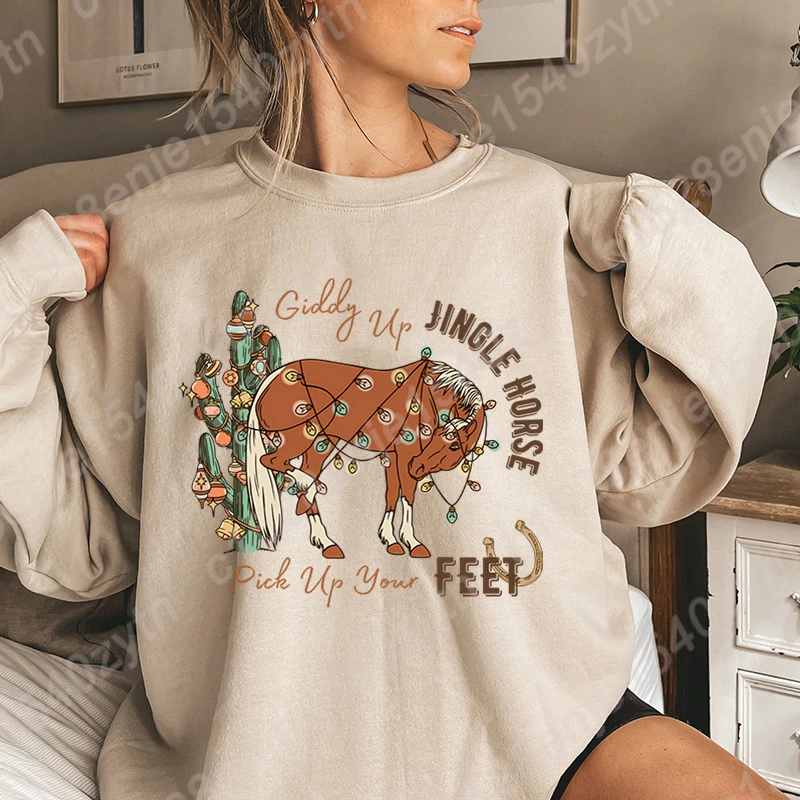 Women Hoodless Sweatshirt Christmas Giddy Up Jingle Horse Pick Up Your Feet Print Round Neck Pullover Casual Pure Color Pullover