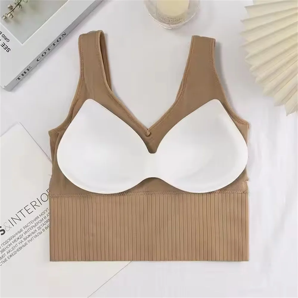 Women Seamless Bra Camisole Underwear Crop Top Free Size Black Khaki Green Vertical Stripe Girl Breathable Sports Fitness Yoga