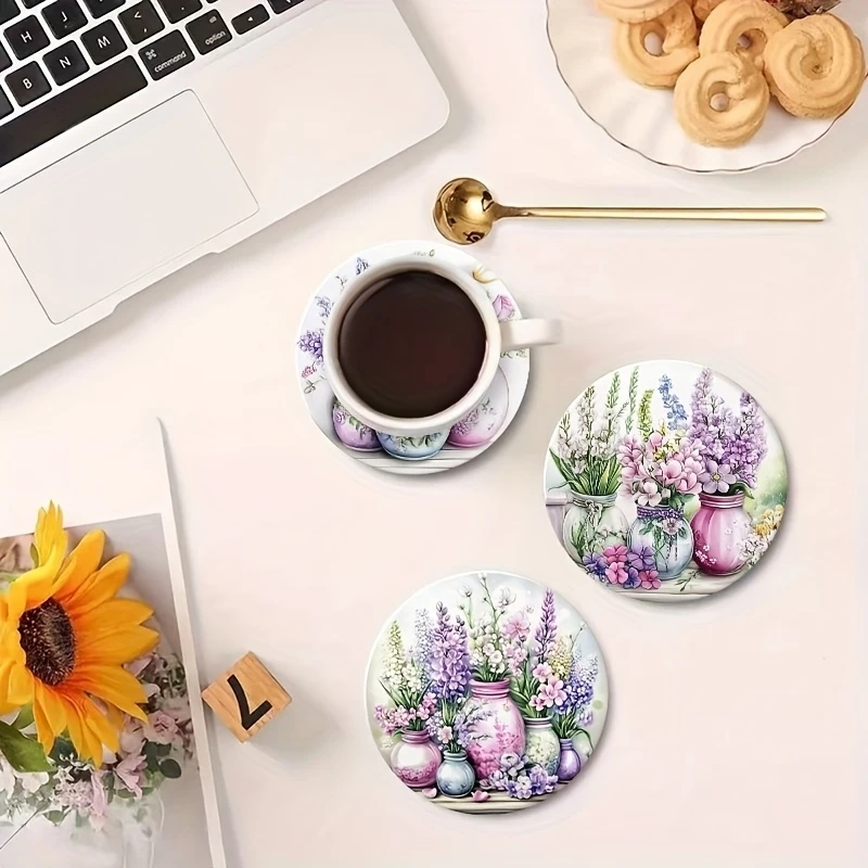 Set of 6 2D Lavender Tulip Theme Pattern Art Coasters Round Wooden Heat Resistant Non-Slip Home Decor Gift Multifunctional