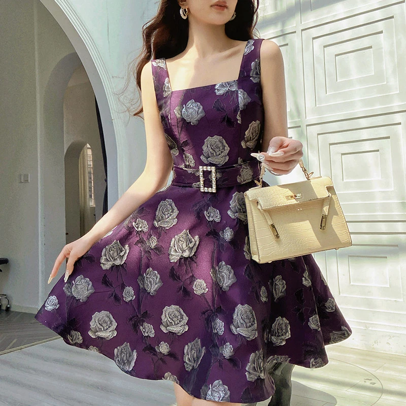 High-Grade Temperament Square Collar Rose Jacquard Waist-Tight Purple Vest Dresses For Women's Summer Elegant Slings Vestidos