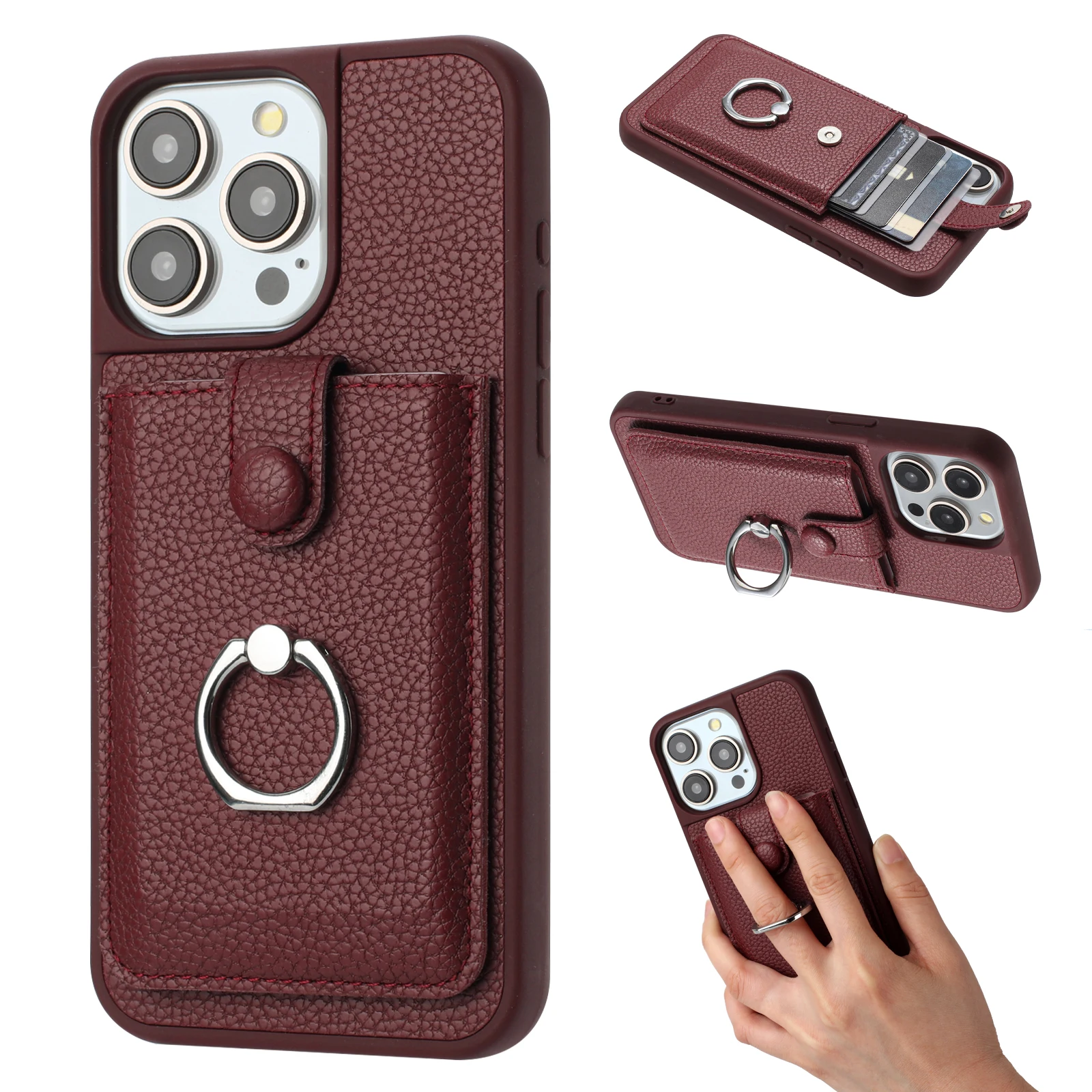 

Shockproof Leather Card Holder Slots Wallet Case For iPhone 16 Pro Max 15 Plus 14 13 12, Ring Holder Kickstand Phone Cover Funda