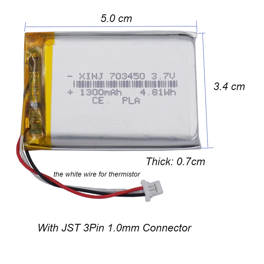 3.7V 1300mAh 4.81Wh Li Lithium Rechargeable Lipo Battery 703450  JST 3pin 1.0mm Connector NTC Thermistor For GPS Baby Camera MP4