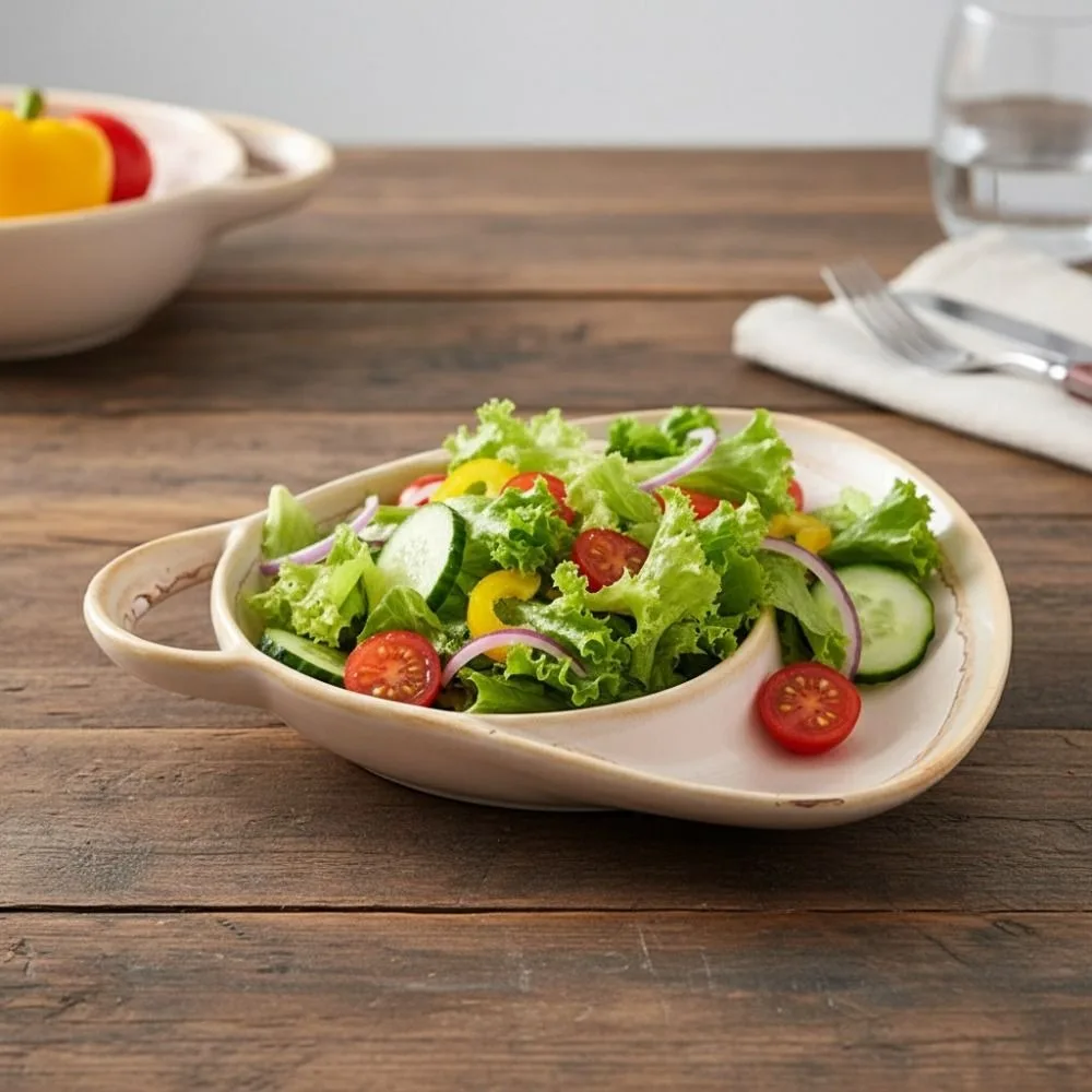 Creative Ceramic Vintage Separated Fruit Salad Plate with Handle Heat-resistant Snack Plate Kiln-change Glaze Dinner Dish Hotel