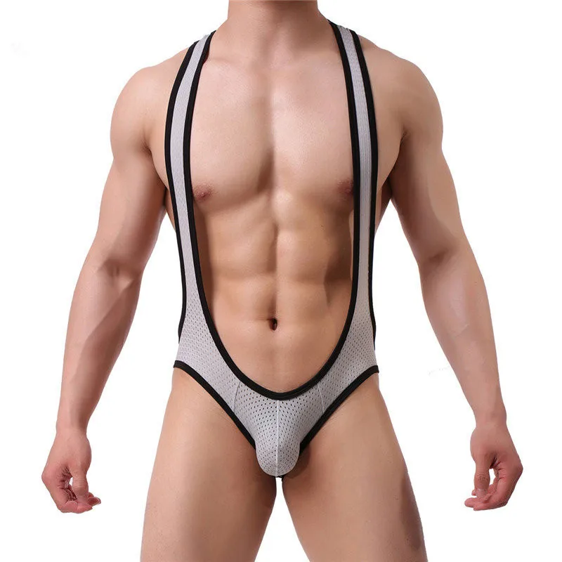 Sexy Mens Undershirts Jockstrap Leotard Mesh Jumpsuits Wrestling Singlet One-piece Bodysuits Backless Sexy Gay Underwear Teddies