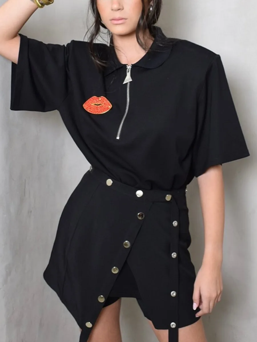 

Fashion Black Casual Skirt Outfit Spring Women Lapel Half Zipper Top+High Waist Irregular Button Bust Skirt Summer Two Piece Set