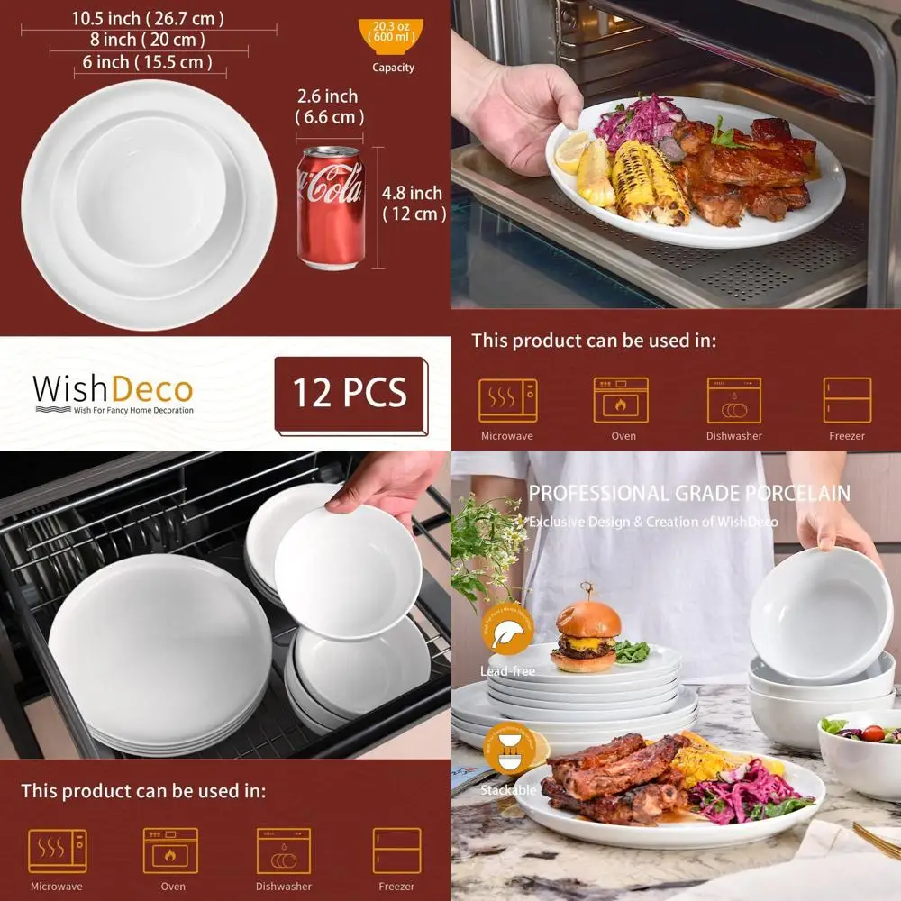 

Ceramic 12-Piece Dinnerware Set for 4, White, Microwave & Dishwasher Safe