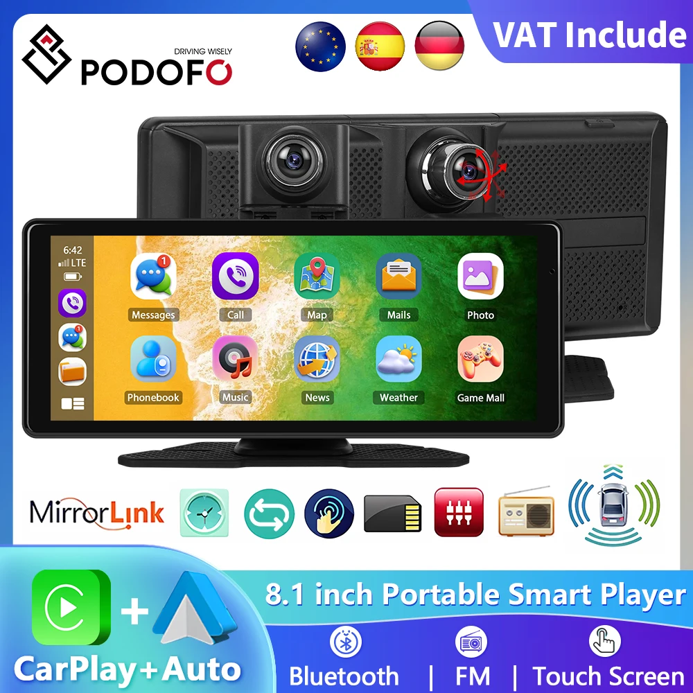 Podofo Universal 8,1" Auto DVR Wireless Carplay Android Auto 2,5K Vorne 1080P Hinten Kamera Dashcam GPS Navi Dashboard 24H Parkplatz