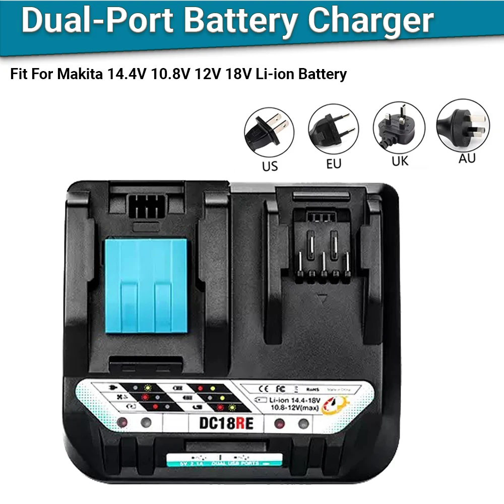 

DC18RE Dual-Port Battery Charger For Makita 14.4V 10.8V 12V 18V Li-ion Battery 3A Power Tool Lithium Battery Charger
