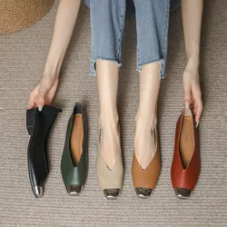 2024 Women's 2.5cm Low Heel Women's Fashion Metal Head Square Toe Low Heel Women's Soft Leather Barefoot Shoes