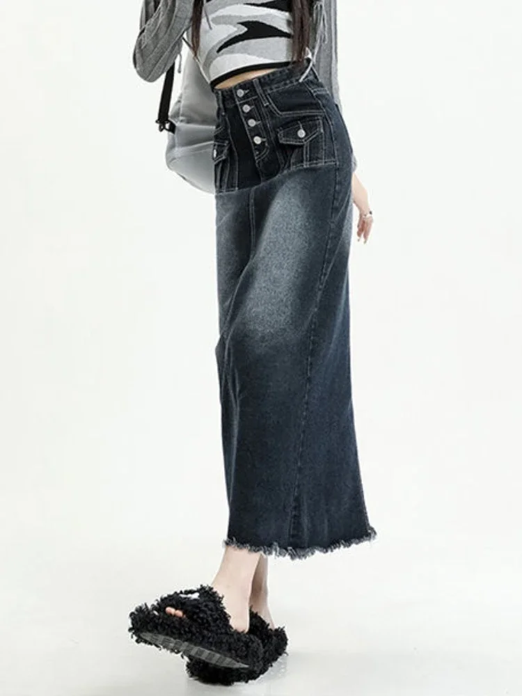 A-line Denim Skirts Women Korean Style Blue Solid Vintage Maxi Casual All-match Elegant Streetwear Design Tassel High Waist Chic