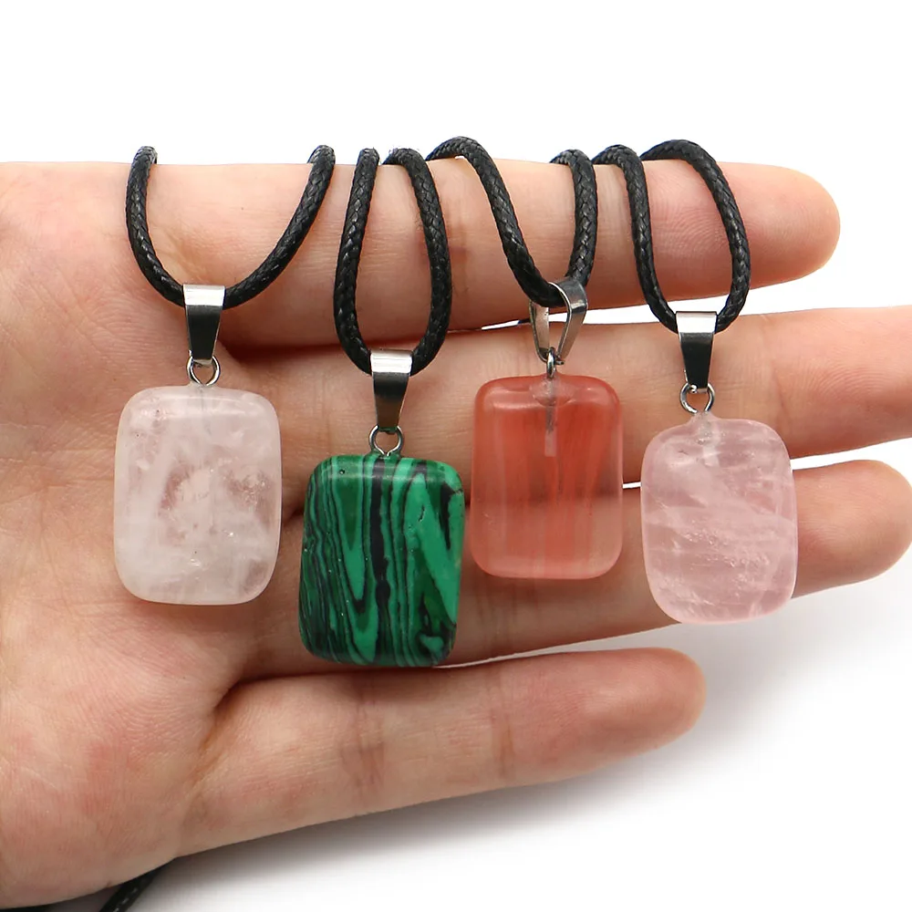 Geometric Natural Stone Pendant Necklace Polished Watermelon Red Malachite Women's Cord Chain Necklace Jewelry Gift 3pcs/Pack