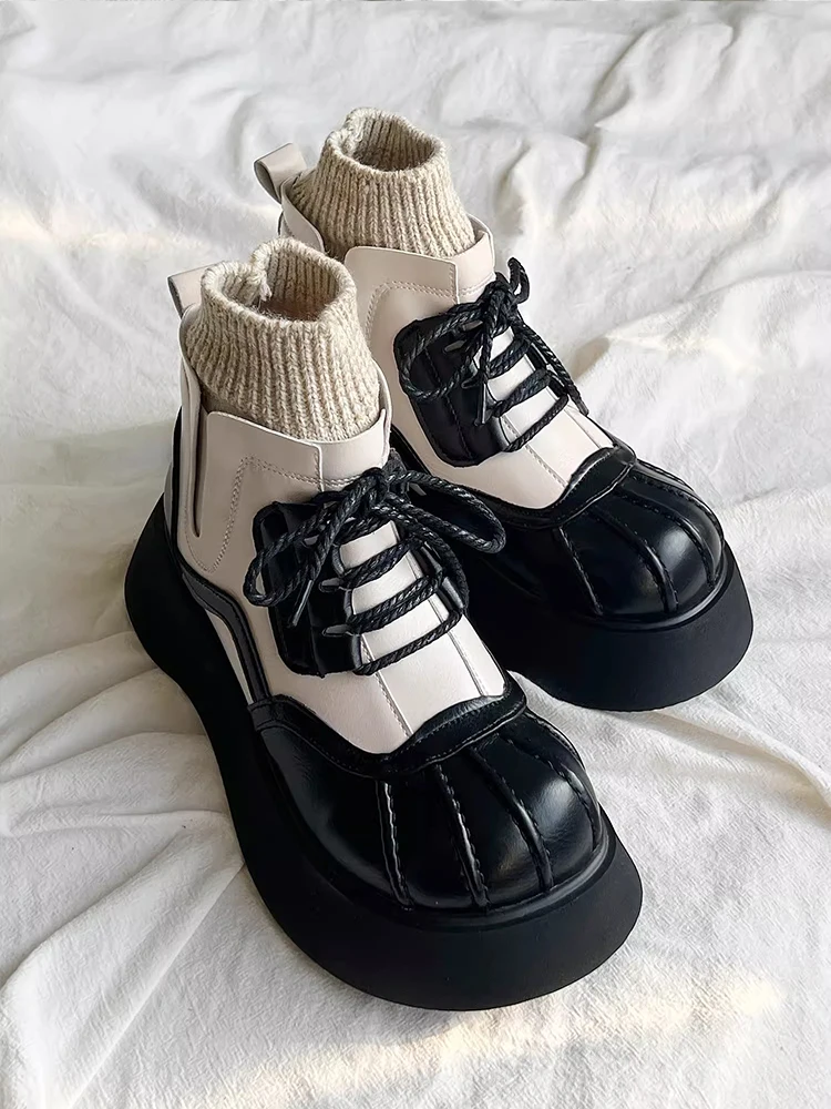 Vintage Shell Head Woman Obuwie zimowe Szykowne skórzane elastyczne dzianinowe dziewczęce buty na platformie Lekkie damskie wyściełane buty