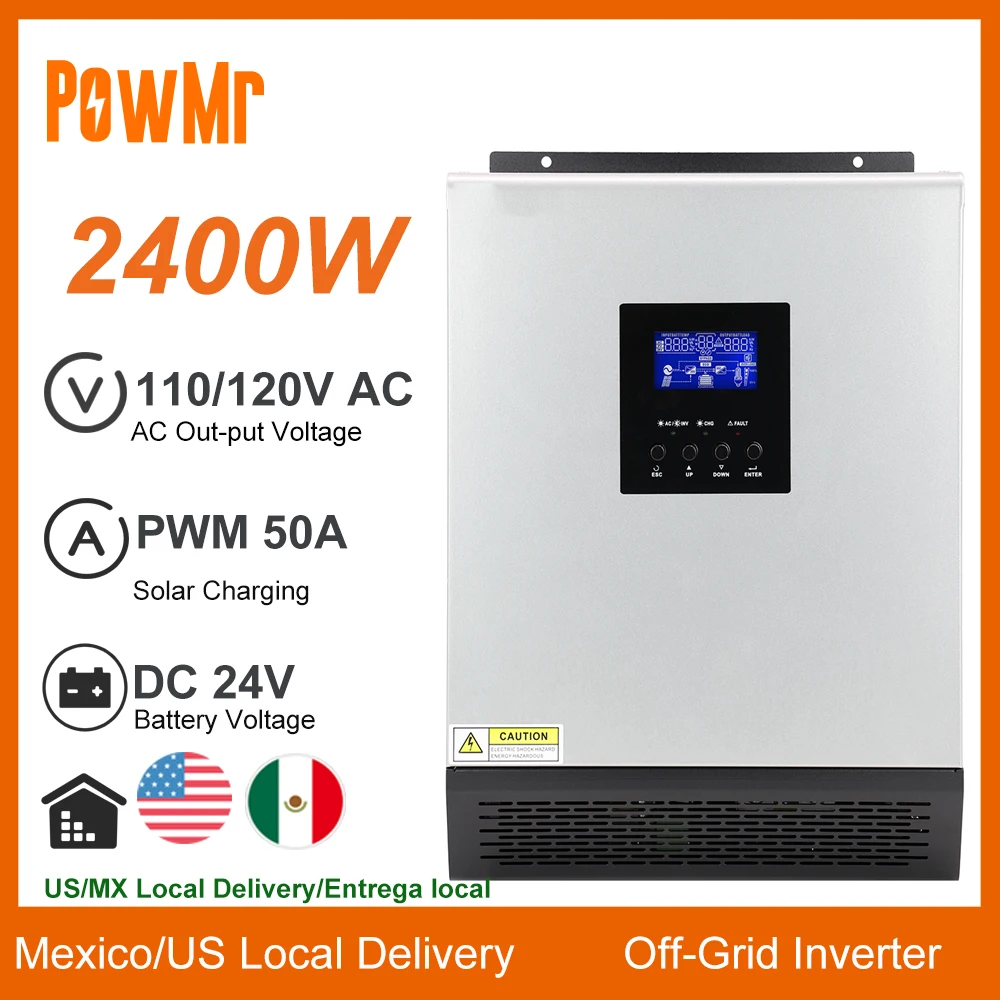 2400W Pure Sine Wave Hybrid Off-Grid Solar Inverter With 50A PWM Solar Charge Controller 24VDC to 110/12VAC Output and AC Charge