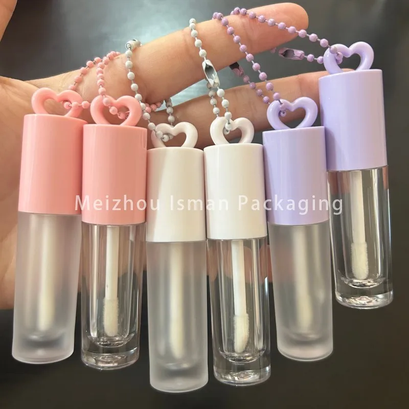 

50Pcs Clear Frost 2.5ml Love Lid Pink Empty Heart Lip Gloss Container Cute Plastic White Lip Balm Packaging Tubes With Chain