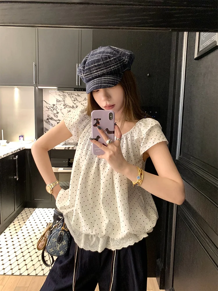 

Белая женская летняя футболка с коротким рукавом, свободного кроя, с кружевными вставками в горошек, из шифона, от LUU Taohxi