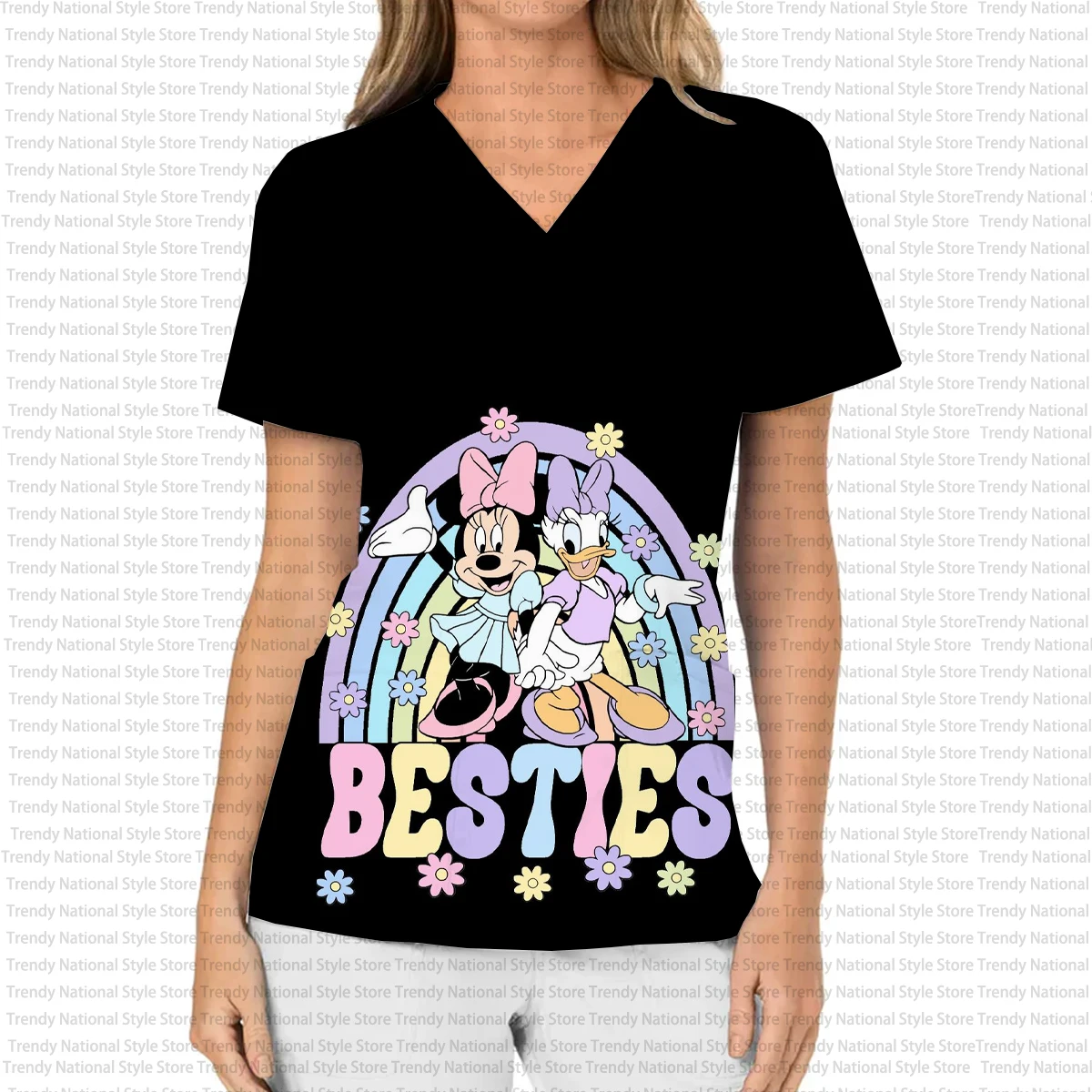 Novo verão feminino enfermeira uniforme impresso com decote em v fosco topo com disney mickey e minnie mouse-hospital/animal de estimação loja camiseta