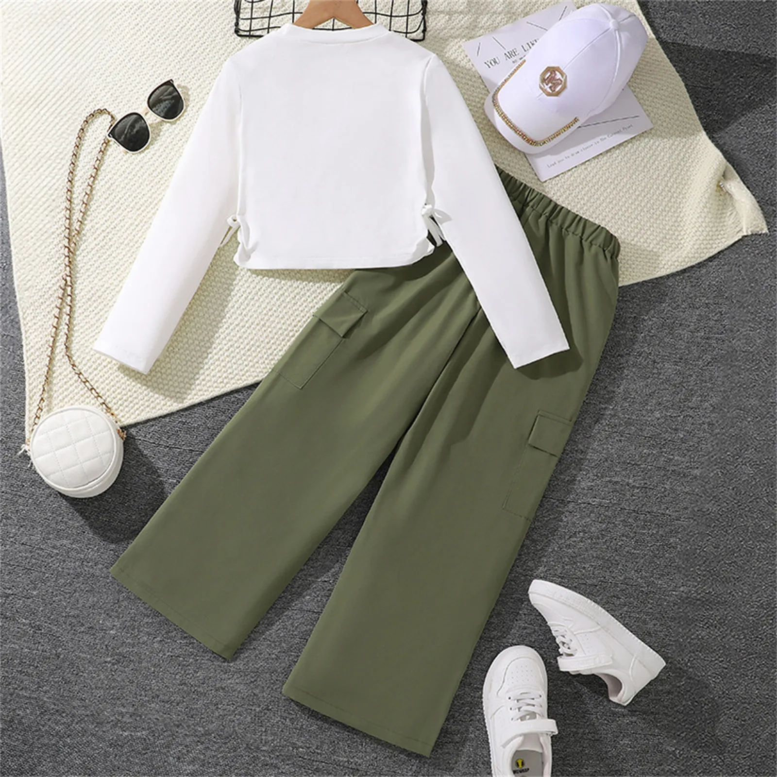 Korean Fashion Spring Autumn 2Pcs Outfits For Kids Girls White Letter Print Long-Sleeved Tops Army-Green Trousers Leisure Style