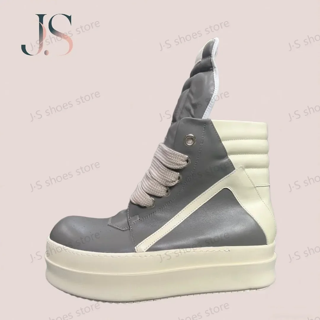 

R-o Designer Boots Men Sneaker Women Gray Leather Grey Ankle Boot Jumbo Laces Platform 6cm Thick Sole High Top Shoes Casual Shoe