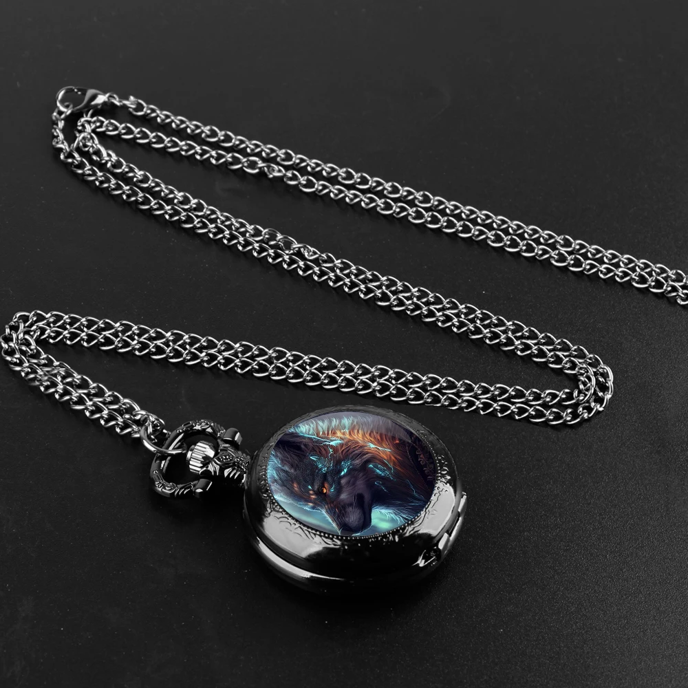 Exquisite Wolf Glass Dome Quartz Pocket Watch Necklace Pendant Gifts For Women Man with Fob Chain