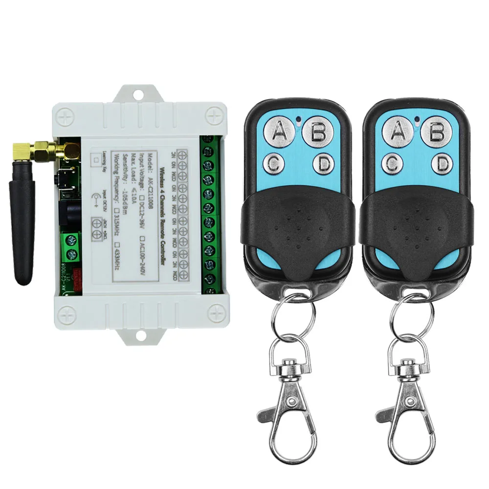 DC 12V-36V 10A Relay 433MHz 4-Channel Wireless Remote Control Switch Receiver and 4 CH Push Metal Transmitter