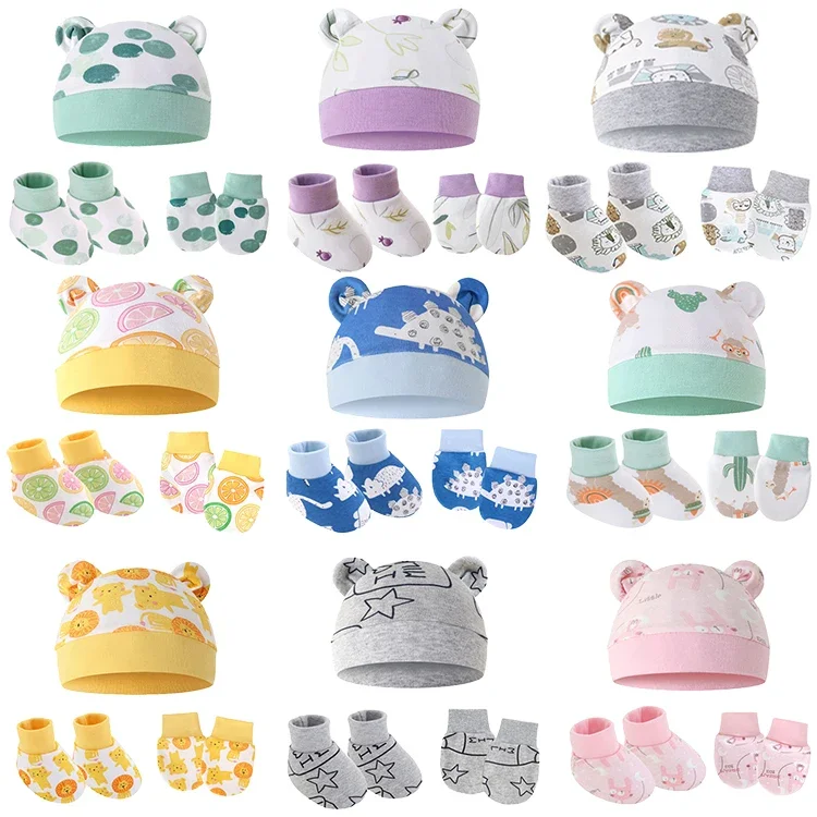 Newborn Baby Gloves+Hat+Foot Cover Set Handguard Anti-scratch Mittens Cotton Beanie Hat Socks Kit for Infant Newborn Accessories