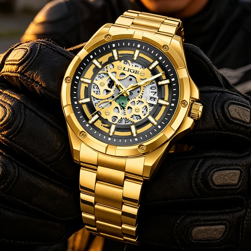 LIGE Gold Skeleton Men Watch Top Brand Luxury Waterproof Sport Quartz Wrist Watches For Men Fashion Business Luminous Male Clock