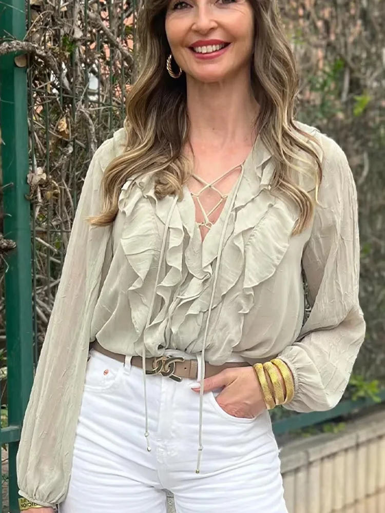 

HH 2025 женская весенняя элегантная однотонная блузка с v-образным вырезом, женская однобортная ламинированная декоративная полупрозрачная рубашка с длинными рукавами