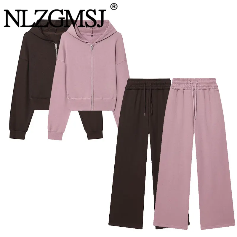 

NLZGMSJ 2026 Spring Women 2-piece Sets Hooded Loose Jacket Oversize Hoodies Short Sweatshirt Wide Pants Suits