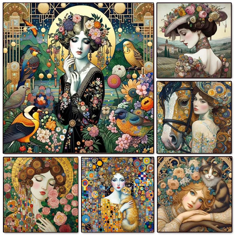 DIY 5D Diamond Painting The Kiss By Gustav Klimt Full Diamond Embroidery Elegant Beauty and Cat Bird Diamond Mosaic Cross Stitch