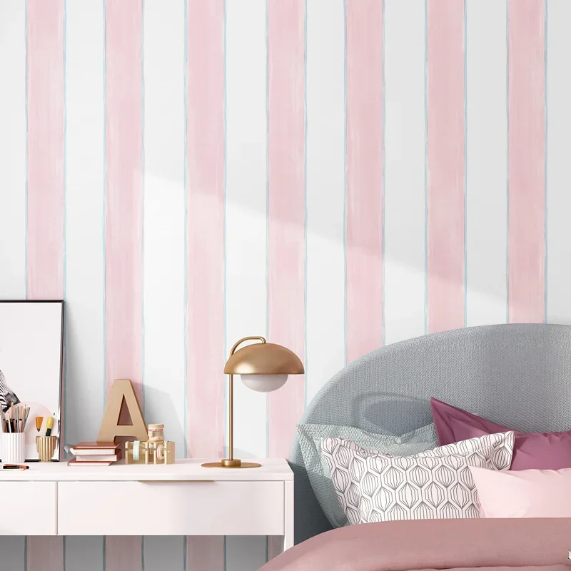 Children's wallpaper bedroom girl boy's room Nordic style girl Princess Pink cartoon vertical stripe pink wallpaper