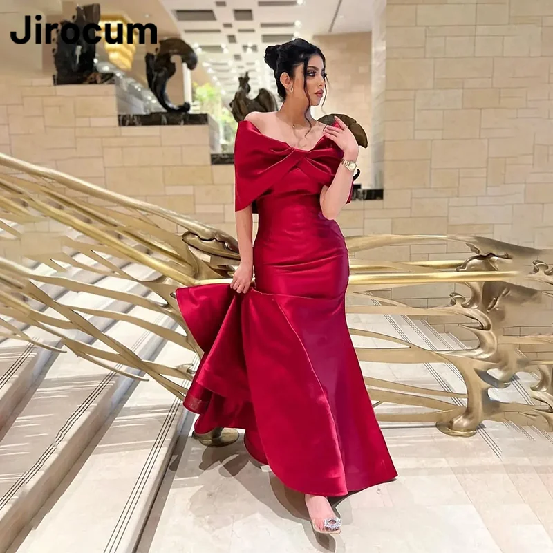 

Jirocum Off Shoulder Prom Gown Women's Bow Red Satin Party Evening Gowns Mermaid Floor Length Saudi 2025 Formal Occasion Dress