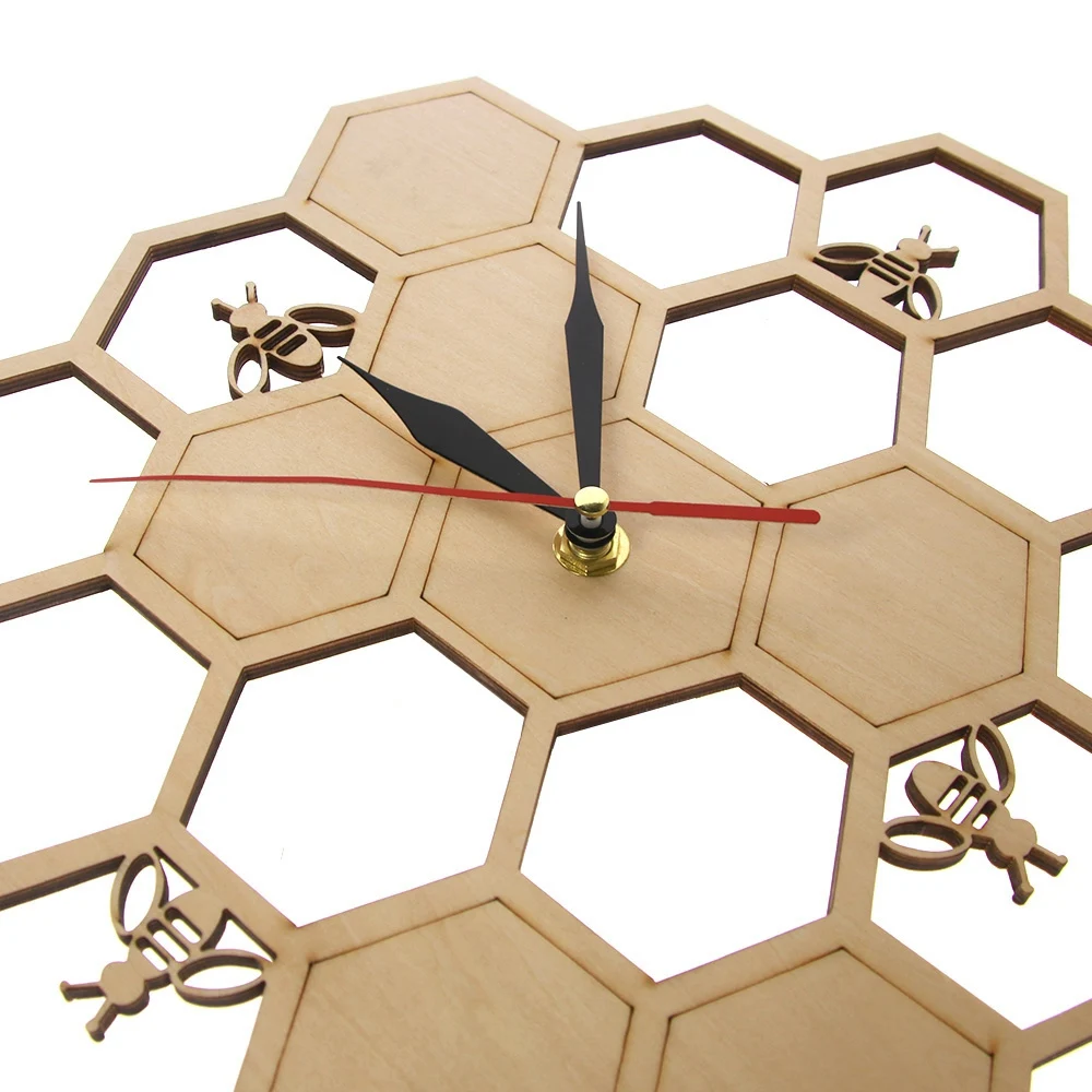 Cut Wood Clock Honey Bee on Honey Comb Hexagon Nature Watch Wall Clock Geometric Kitchen Art Decor HOT