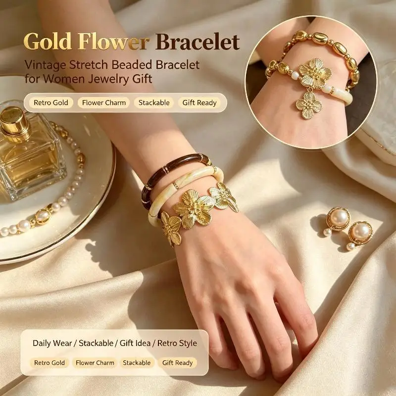 3-teiliges Set Ethnische Goldene Blüten-Harz-Armbänder für Frauen, Legierungsperlen-Design, Modischer Bohemian-Schmuck als Geburtstagsgeschenk für die Freundin – Detail 1
