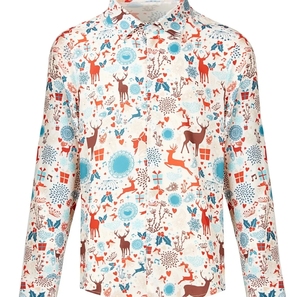 Men's New Retro Santa Claus Snowflake Pattern Printed Shirt Hawaiian Beach Vacation Soft Long-sleeved Clothes Comfortable Casual