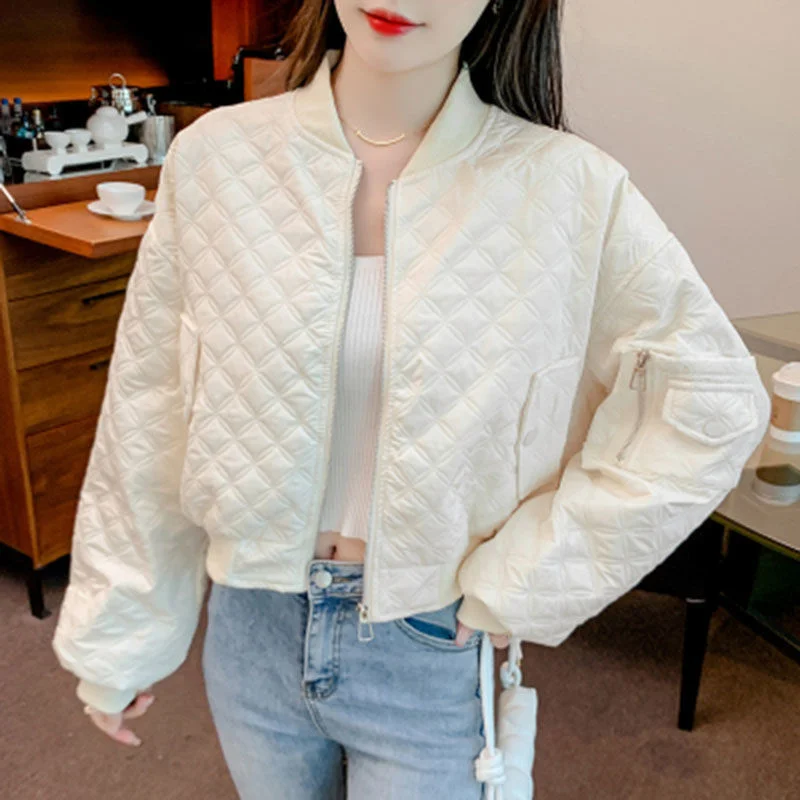 

Women Solid Color Rhombic Jacket Ladies Casual Top 2023 Autumn Winter Female New Fashion Zipper Joker Cardigan Short Blouse Coat