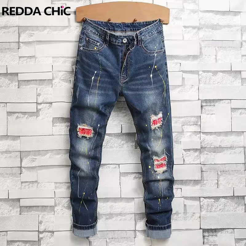 REDDACHIC Splash Ink Frayed Straight Jeans Men Retro Y2k Slim Fit Patchwork Ripped Denim Pencil Pants Hiphop Korean Streetwear