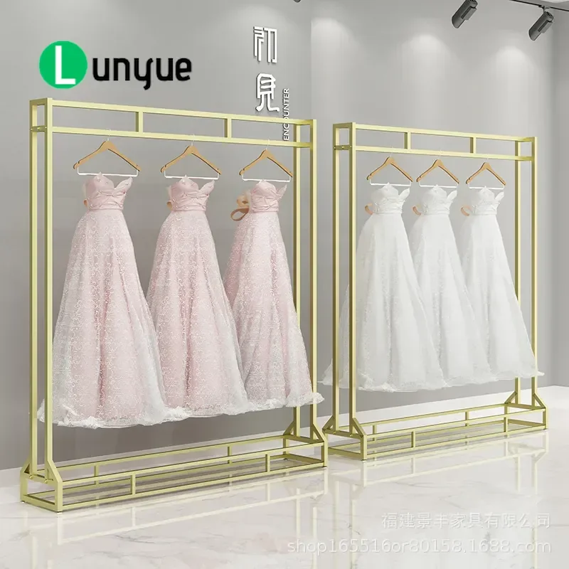 Gold Wrought Iron Clothing Rack Floor to Ceiling Dress Hanger for Wedding Shop Photography Cheongsam Display Store Fixture