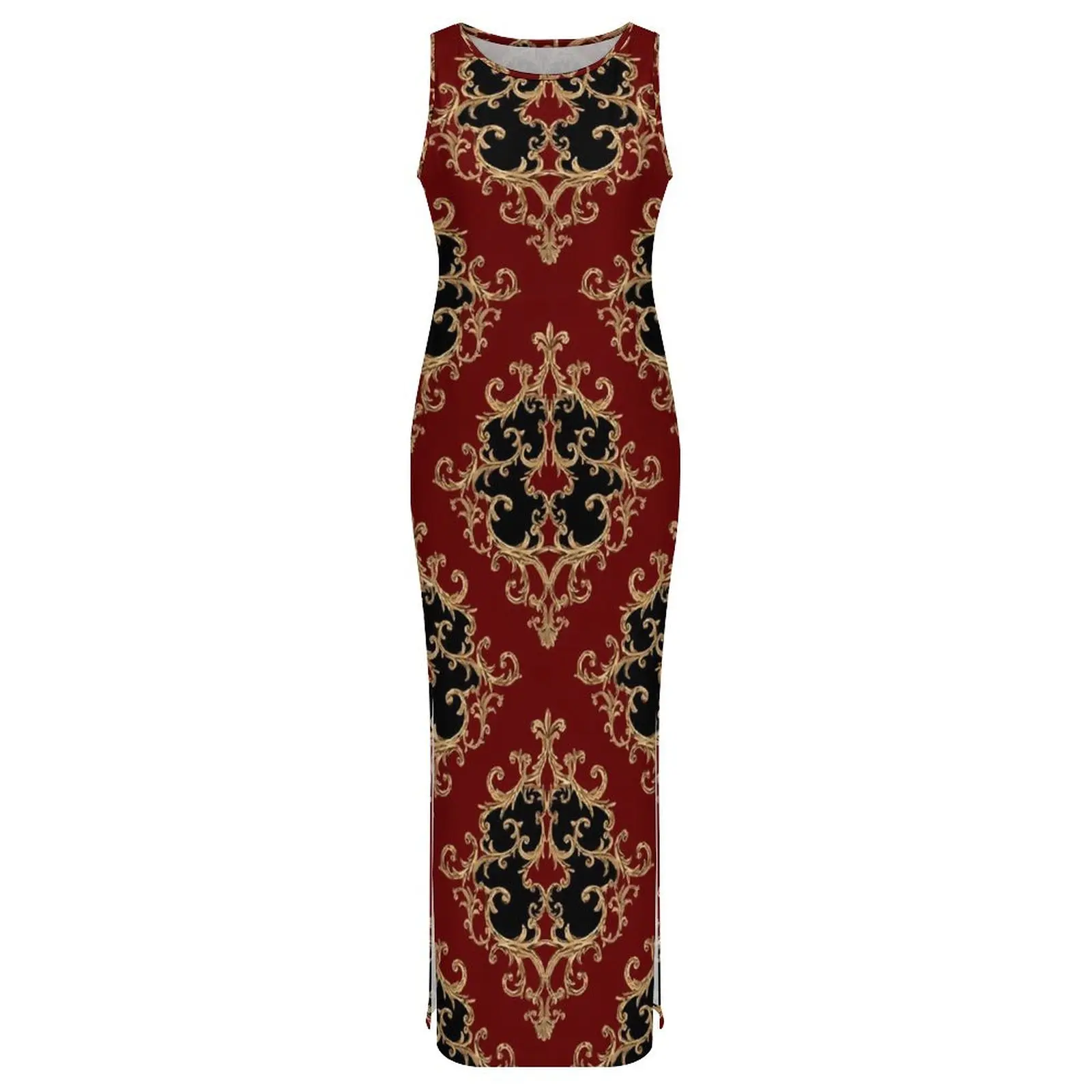 Abito con stampa barocca senza maniche oro nero damascato club party maxi abiti estivi moda coreana abito aderente personalizzato di grandi dimensioni