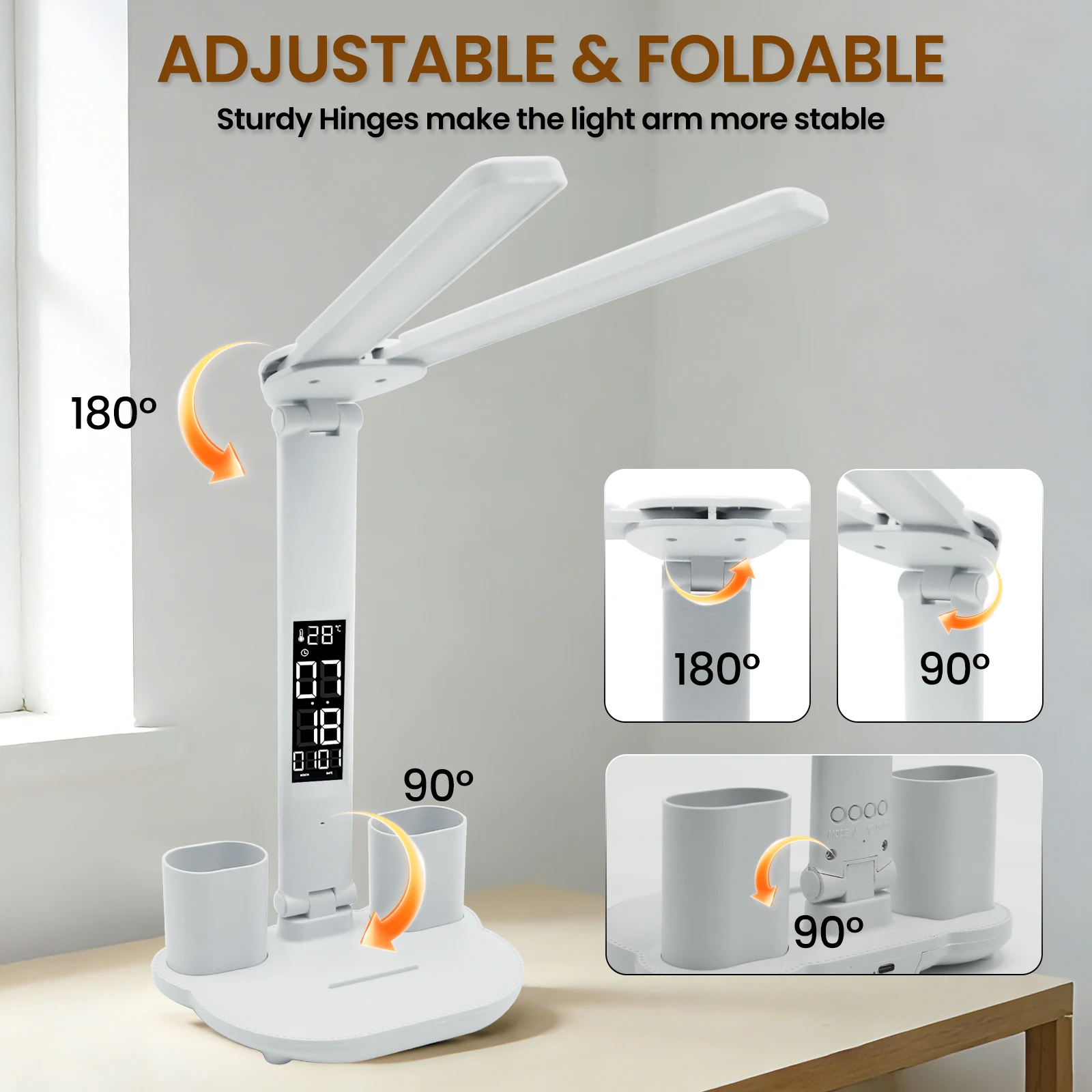 LED Table Lamp Double-Headed USB Chargeable Dimmable Desk Lamp with Calendar Clock Foldable Eye Protection Reading Night Light