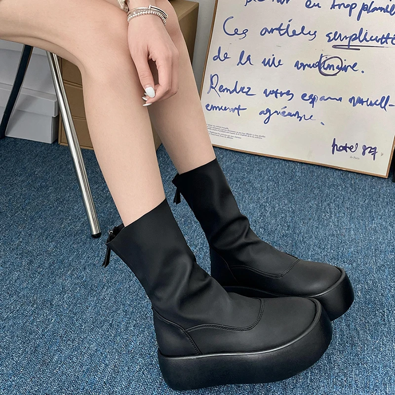 Bottes Courtes Rondes pour Femme, Chaussures Imperméables à Plateforme Plate, Chaussons de Rinçage, à la Mode, Automne et Hiver