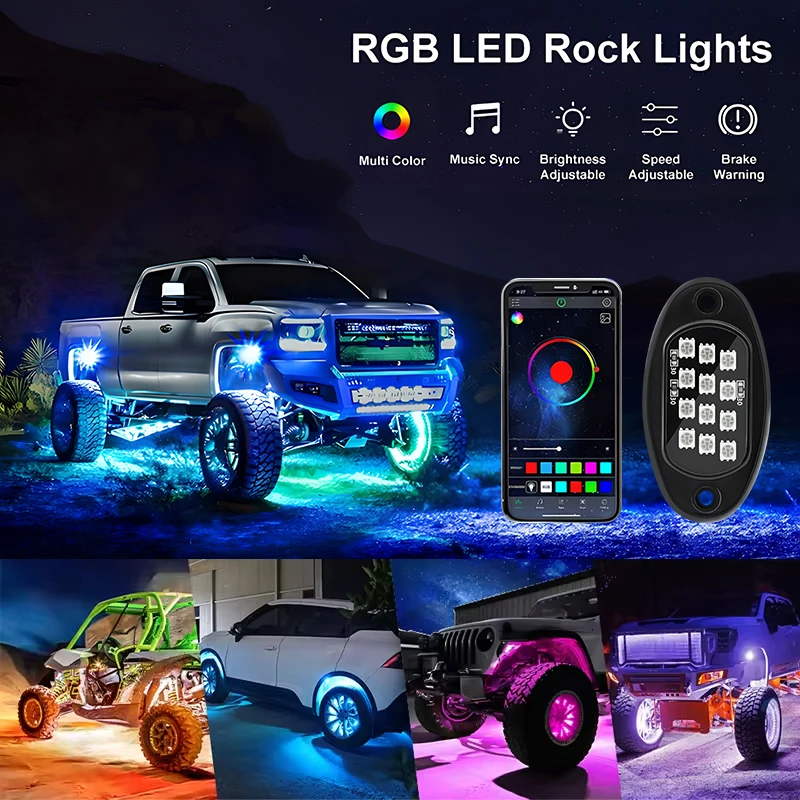 LED Jeep Off Road Truck Marine RGB Rock Light Music Sync 4/6/8/10/12 Bluetooth APP Controllo Car Chassis Luci decorative