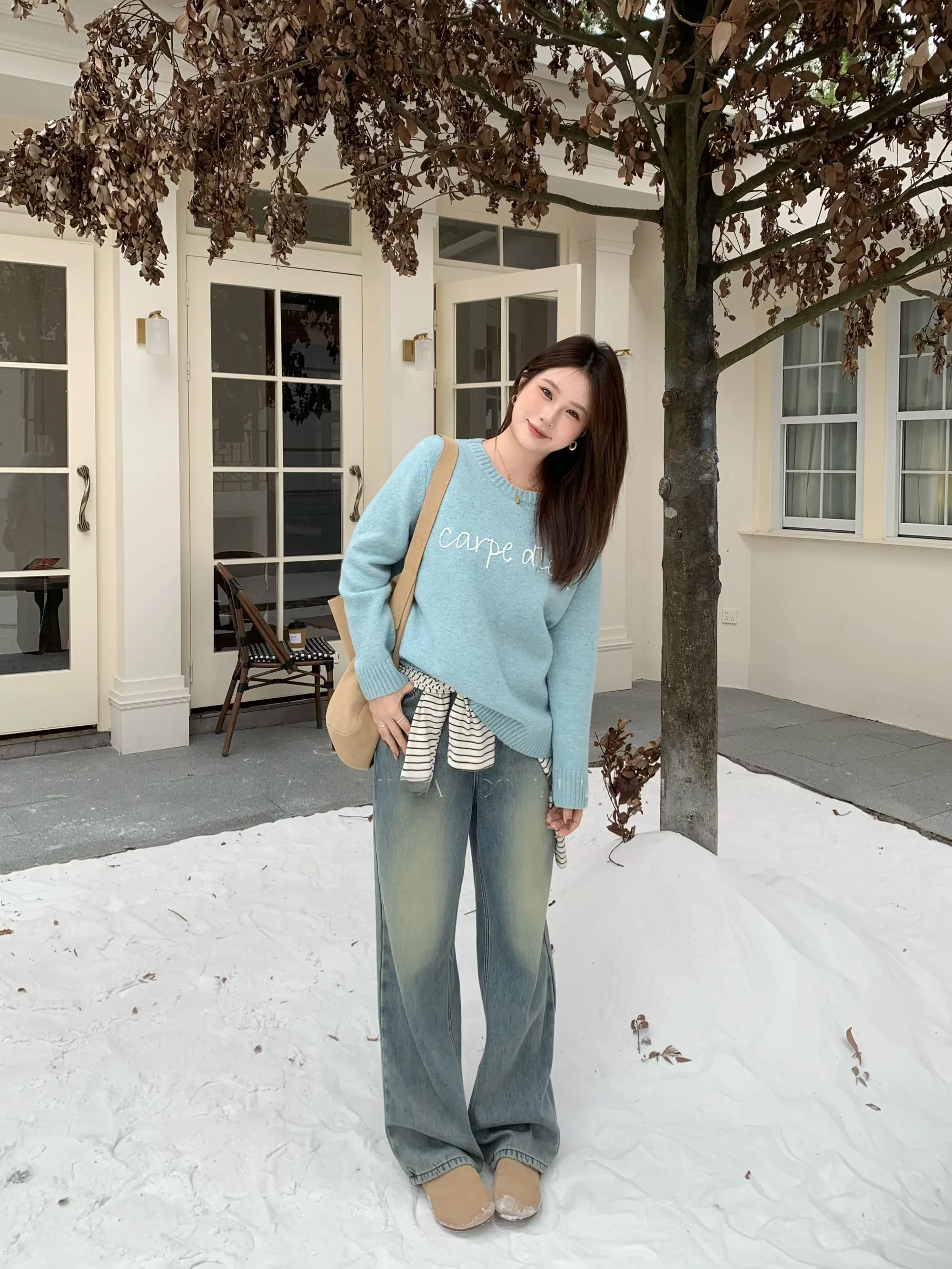 

Женский зимний свитер большого размера с эффектом похудения, вязаный топ с вышитыми буквами для полных женщин, цвет «голубой туман»