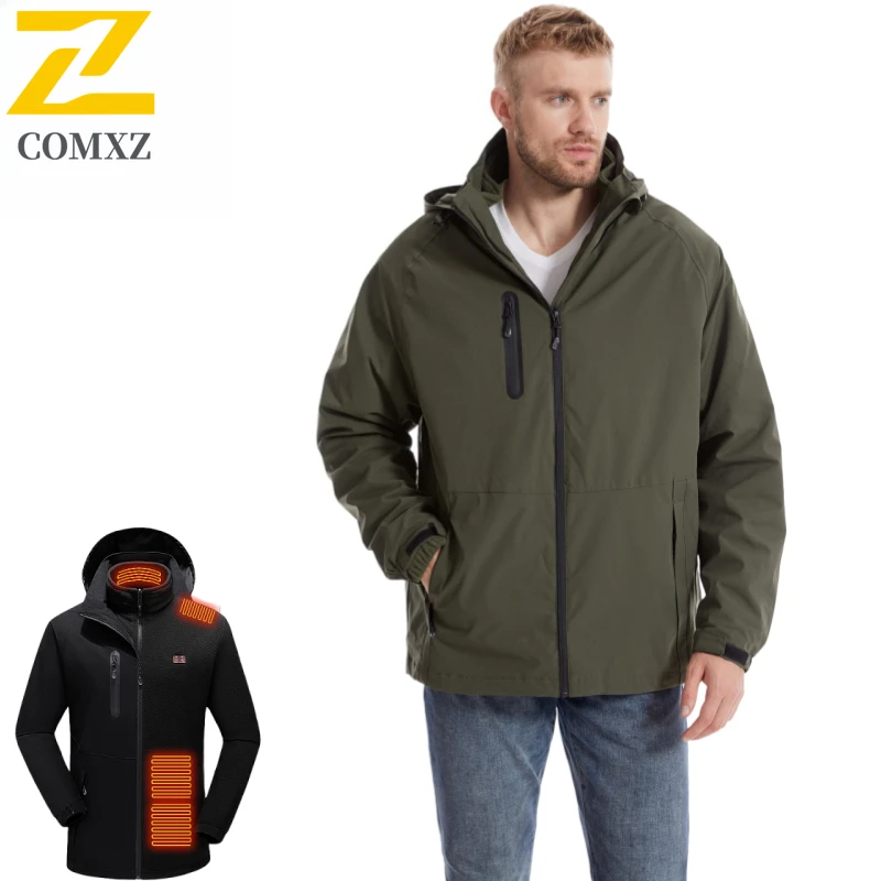 

3 в 1, мужская куртка с подогревом Desige, зимние теплые парки с подогревом, 15 зон, USB электрическое самонагревающееся пальто, легкая ветровка