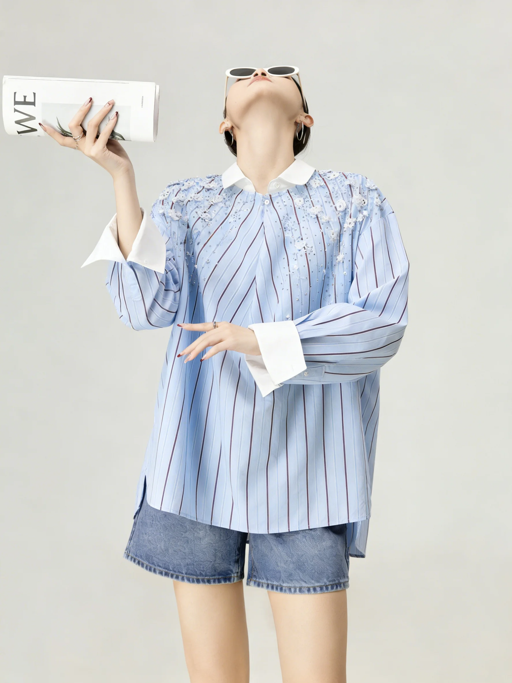 

Blue Striped 3D Beaded Flower Women's Shirt Stylish Spring Fashion Casual Loose Fit Long Sleeve Classic Collar Top