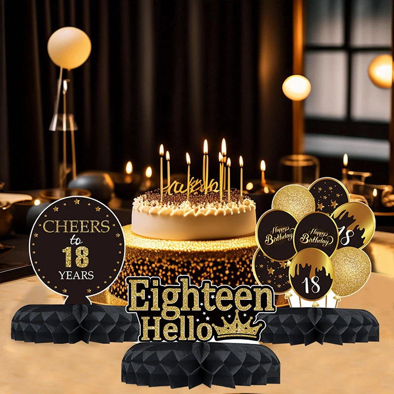 9 Stück Schwarzgold 18/21/30/40/50/60th Happy Birthday Desktop Wabenornamente Foto Requisiten für Happy Birthday Party Decor – Detail 5