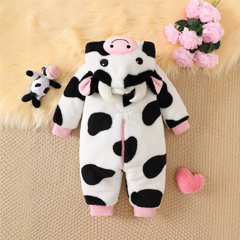Cute Newborn Cow Romper Hooded Fluffy Warm Bodysuit Infant Toddler One-Piece Jumpsuit Animal Outfit Baby Clothes Gift