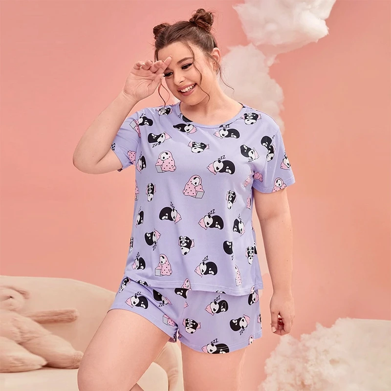 Cute Comfy Pajama Set With Heart Or Panda Print Comfortable Loose Women's Summer Short Sleeve Round Neck Top And Elastic Shorts