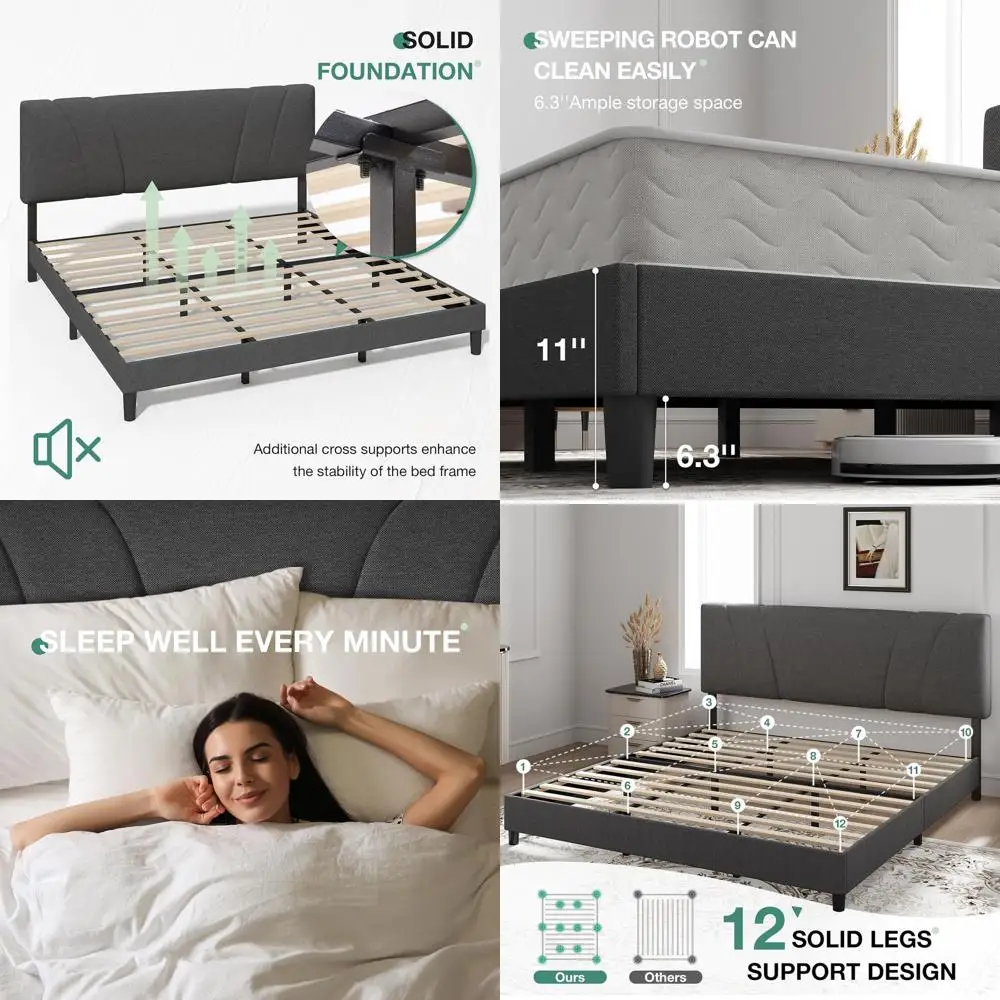 Grey Linen Upholstered King Bed with Wood Slat Support, No Box Spring, Heavy Duty Frame, Easy Assembly