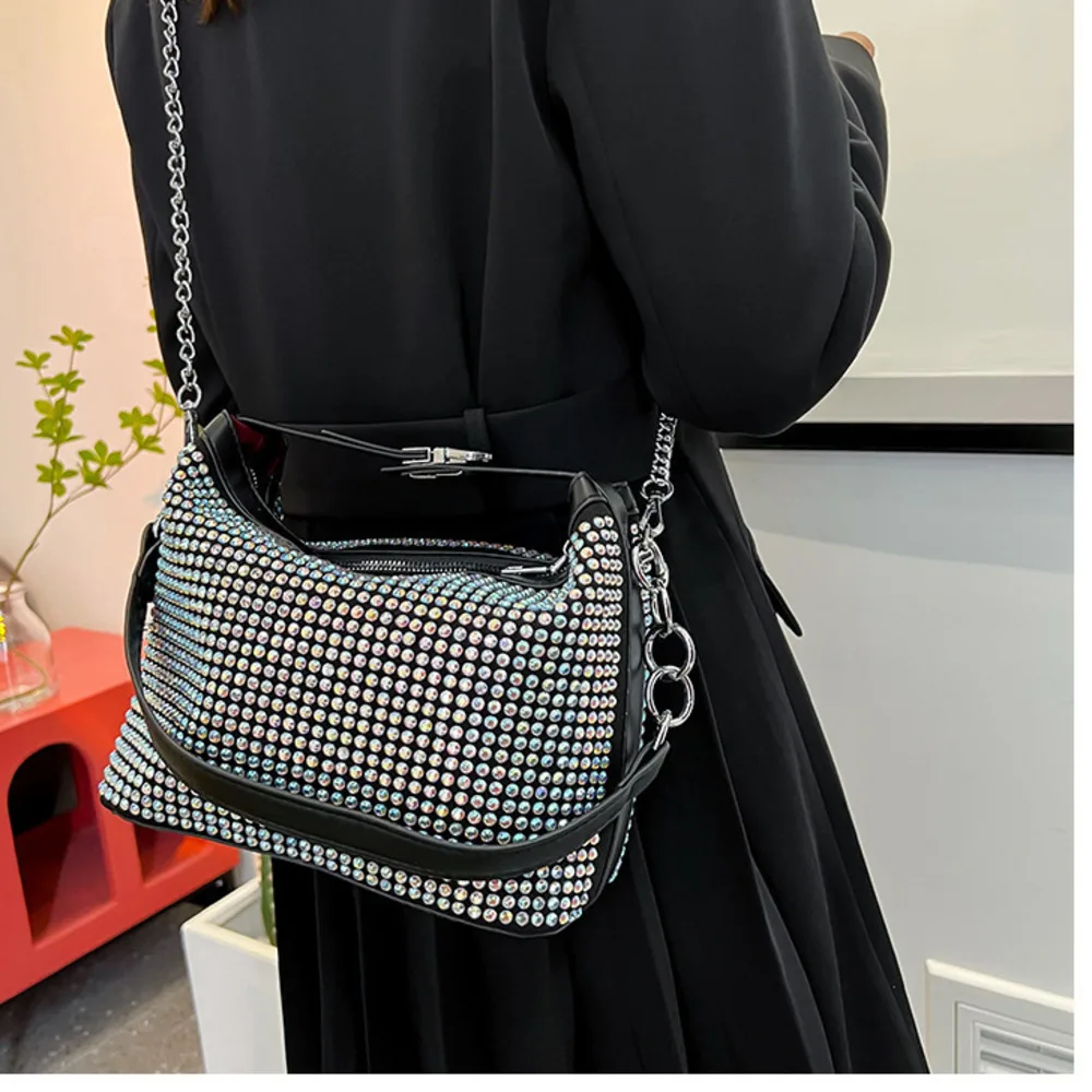 Fashion able diamond studded bag for women 2024 New foreign style texture flash chain single shoulder crossbody luxury  designer