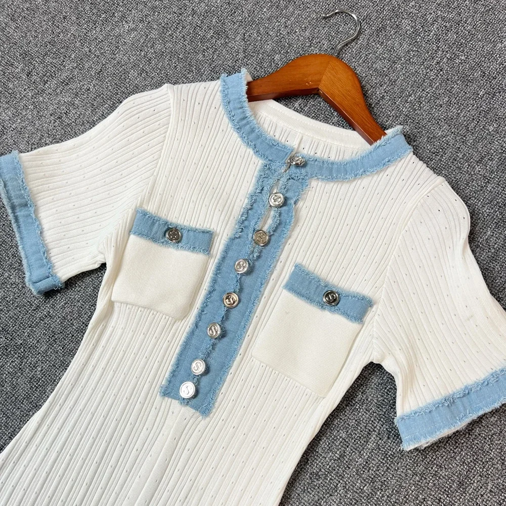 Yuoomuoo marca moda feminina vestido 2025 primavera verão vintage denim retalhos o pescoço de malha maxi vestido senhora do escritório vestidos